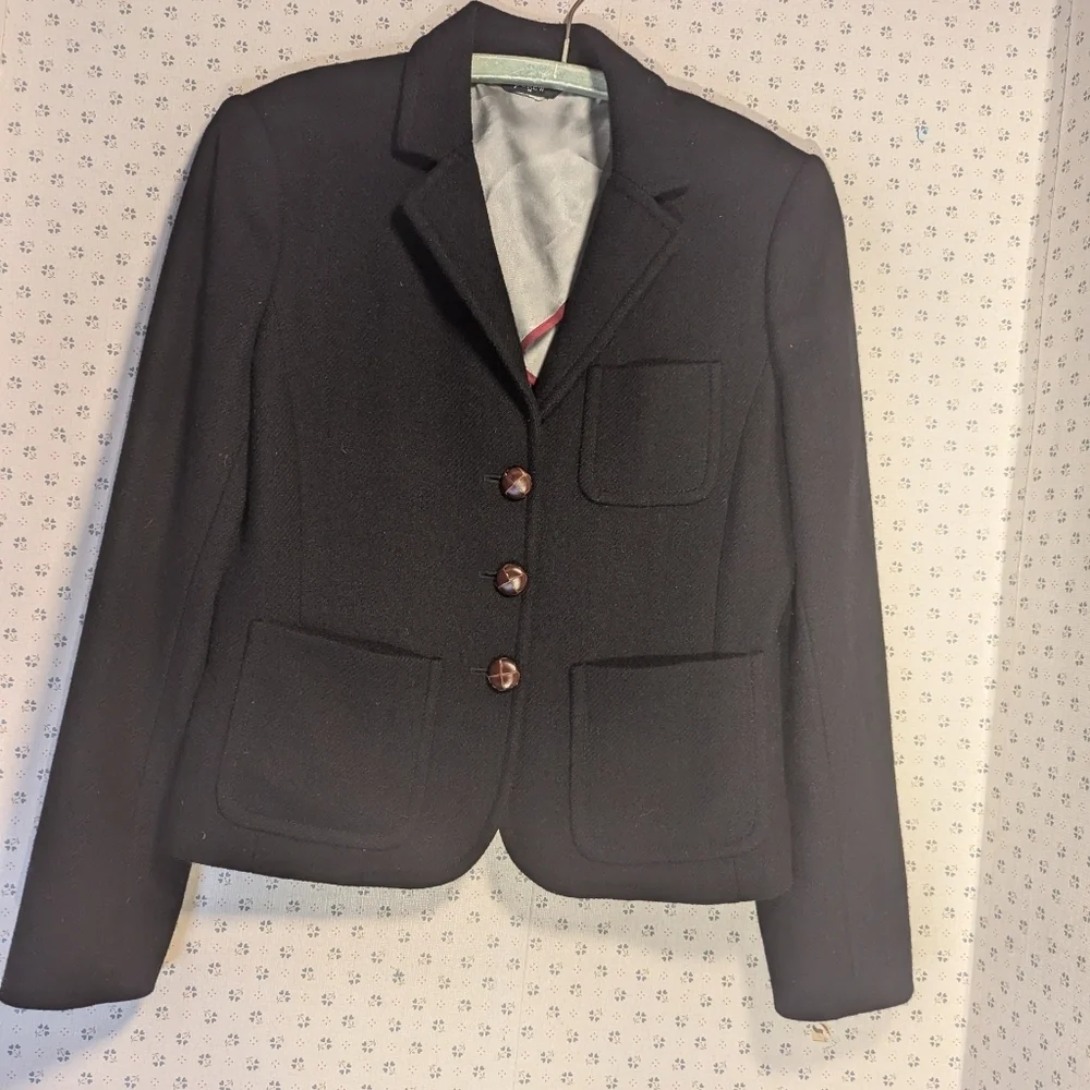 🖤 J.Crew black wool blazer jacket leather 3 buttons lining skulls preppy goth - Picture 1 of 13